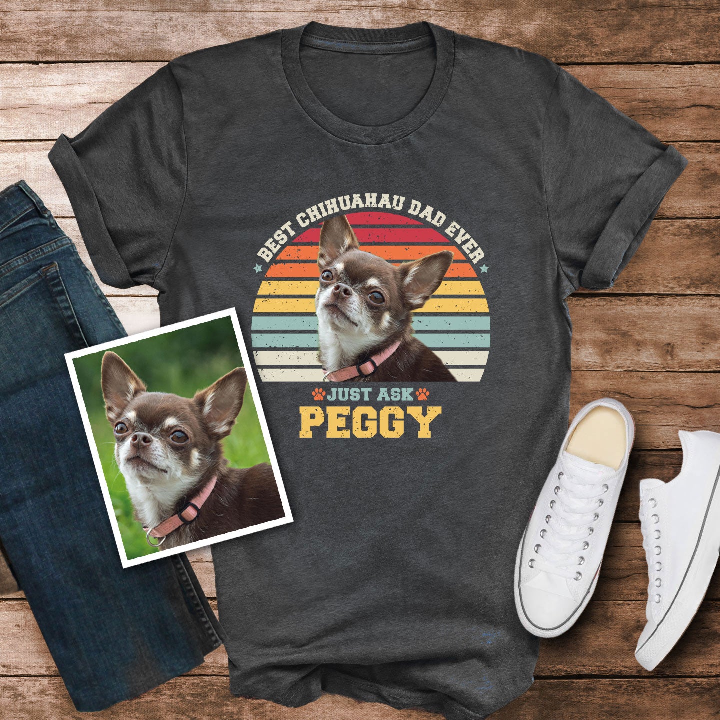 Chihuahua Dad Photo Name Retro Shirt