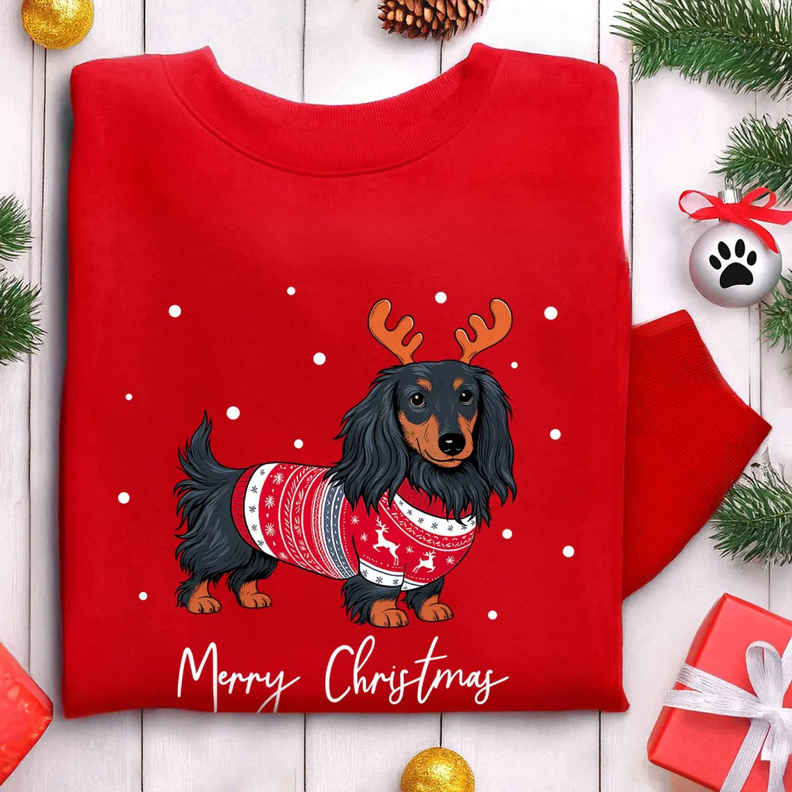 Long Haired Dachshund Christmas Sweatshirt
