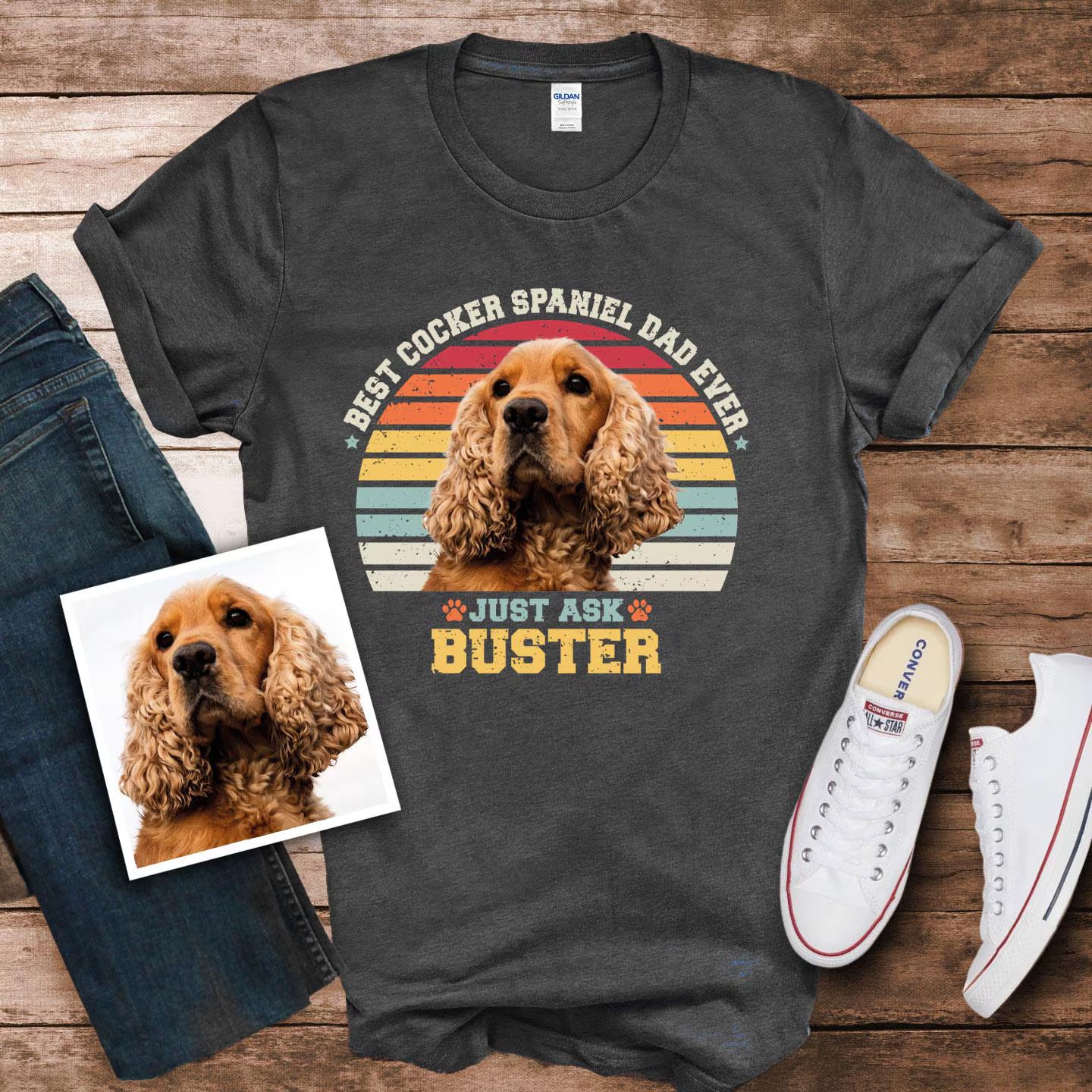 Cocker Spaniel Dad Photo Name Retro Shirt