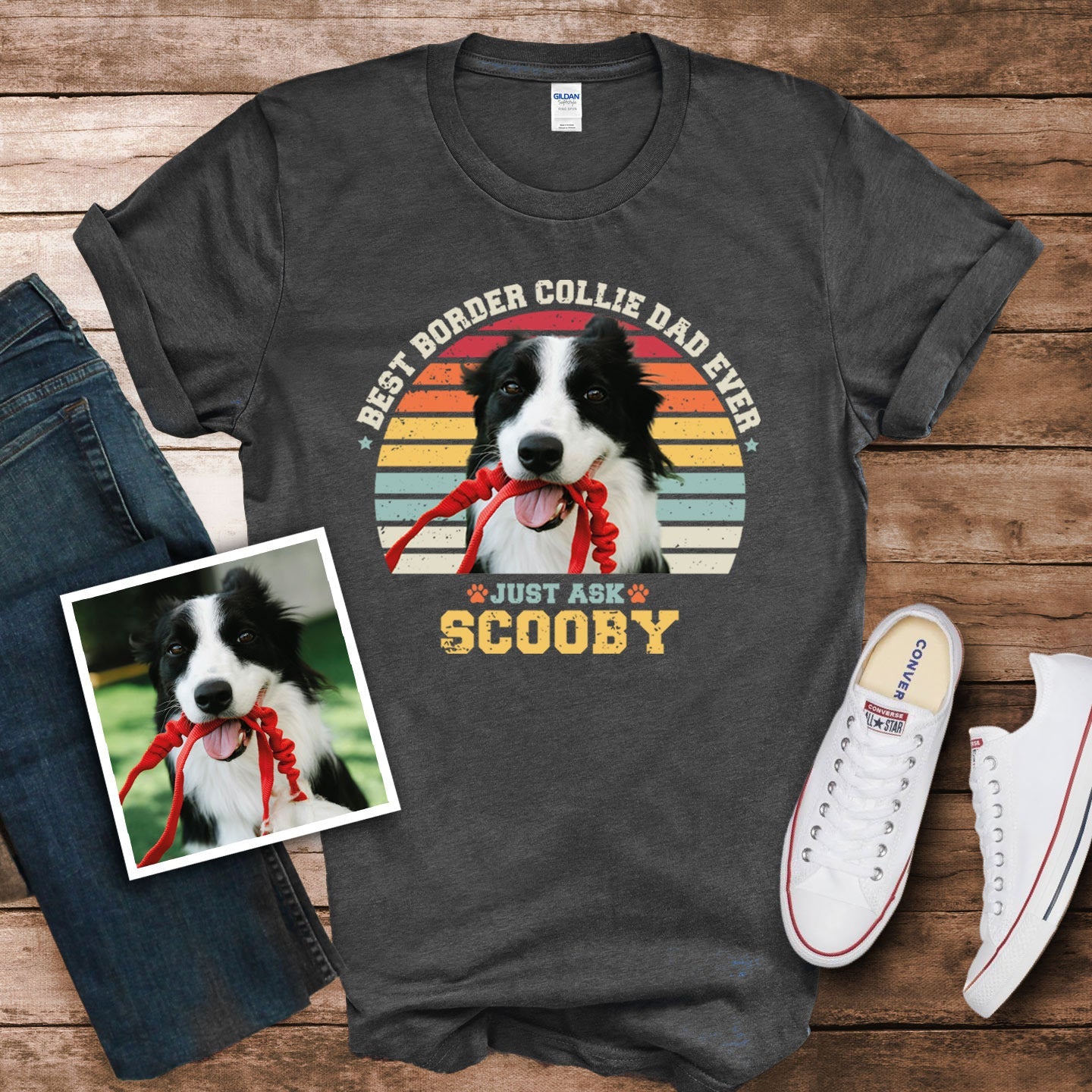 Border Collie Dad Photo Name Retro Shirt - Hi Doggi