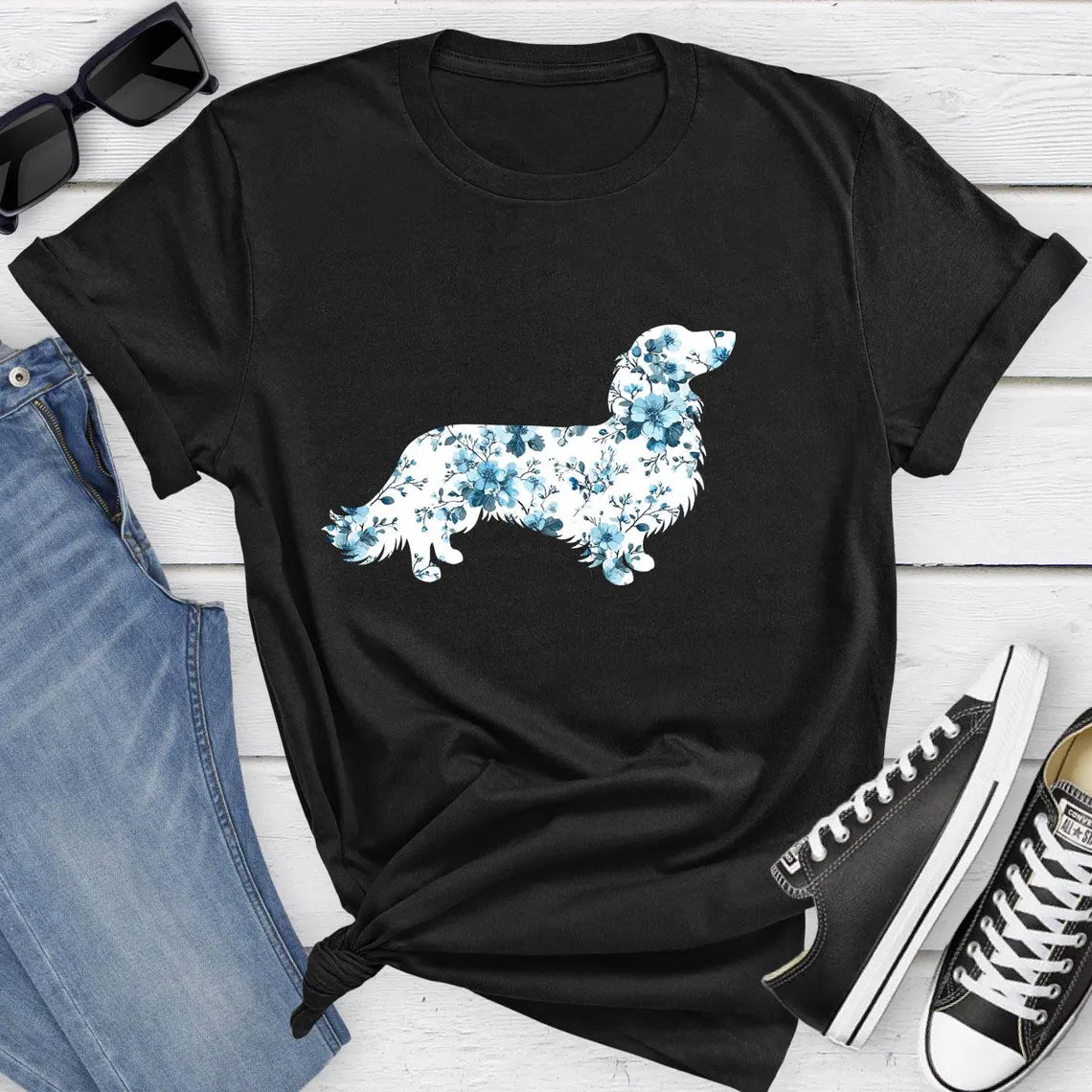 Long Haired Dachshund Floral Shirt