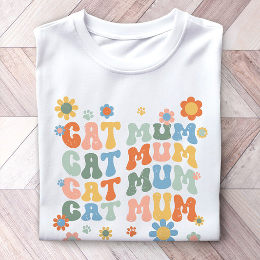 Cat Mum Groovy Text Shirt