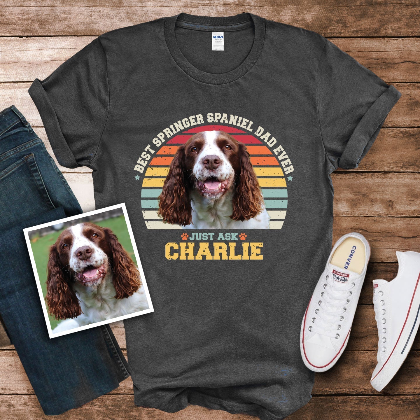 Springer Spaniel Dad Photo Name Retro Shirt - Hi Doggi